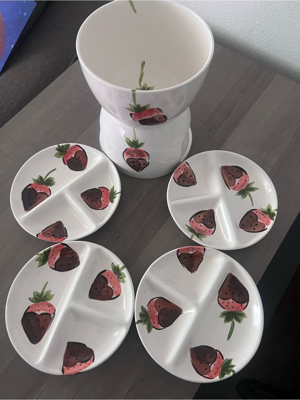VINTAGE White Strawberry-Print Ceramic Snack Plates Dip Bowl Chocolate Fondue